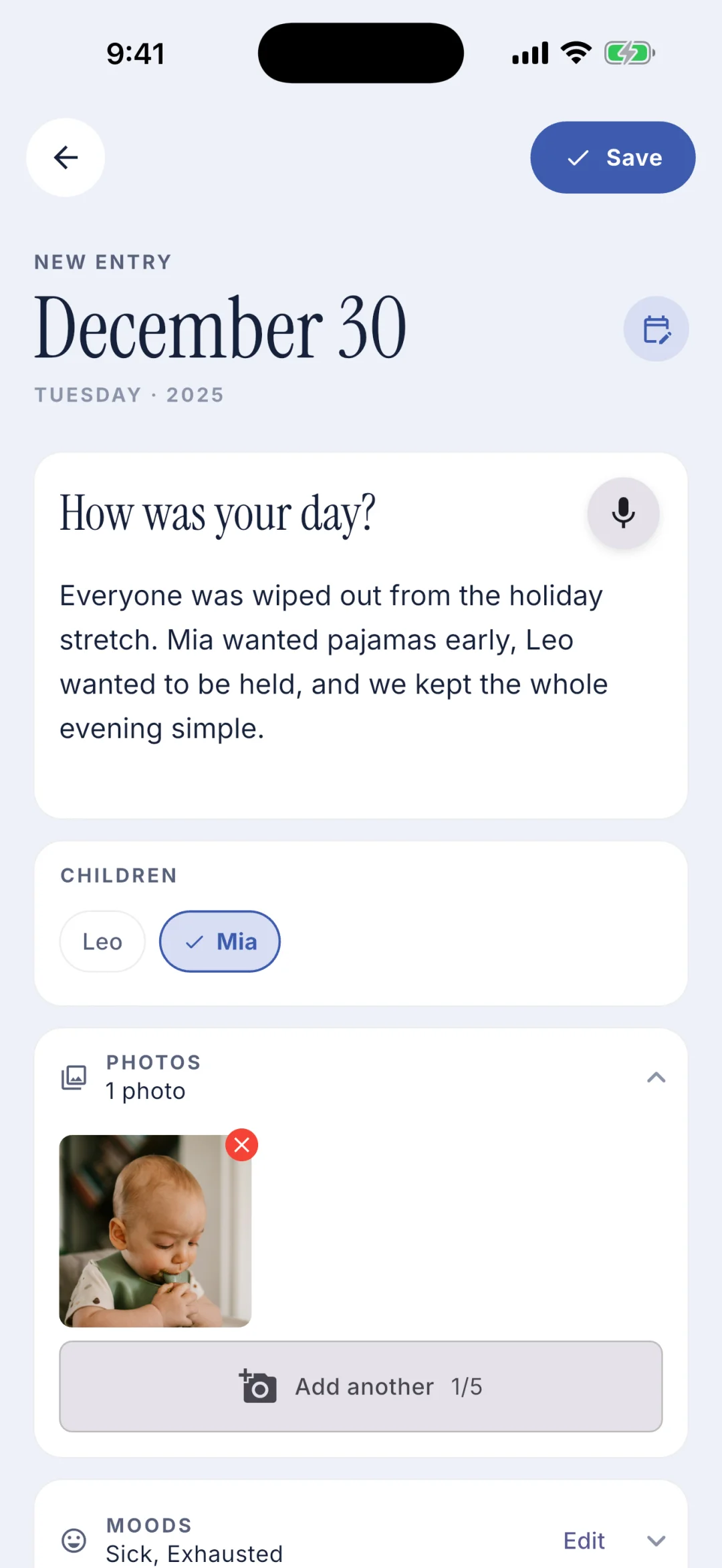 DadTrack journal composer with photo, mood, people, and sharing cards