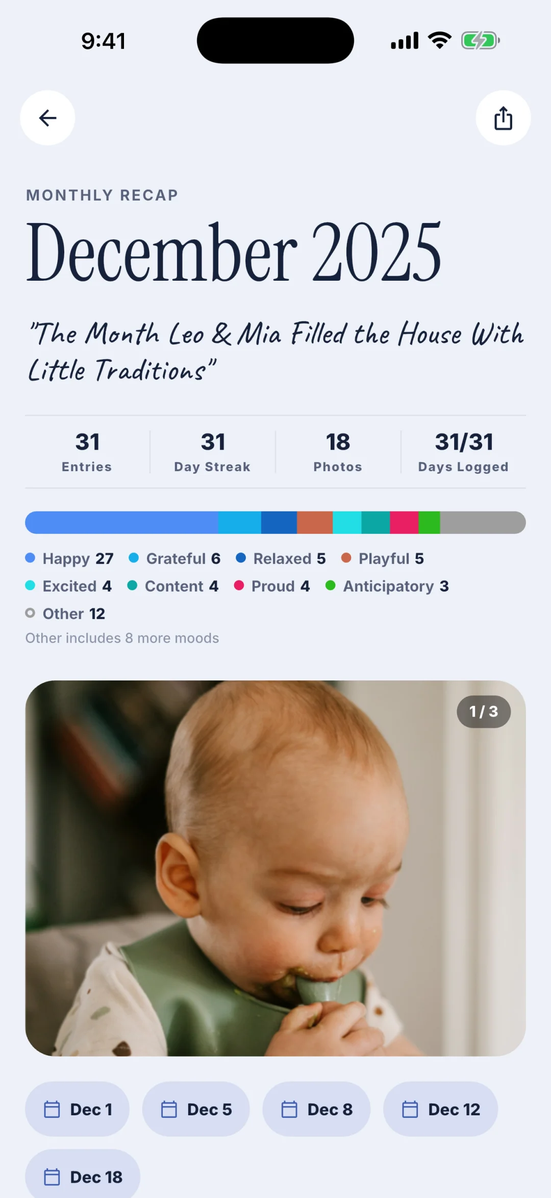 DadTrack monthly recap with live stats, mood of the month, and a tappable calendar