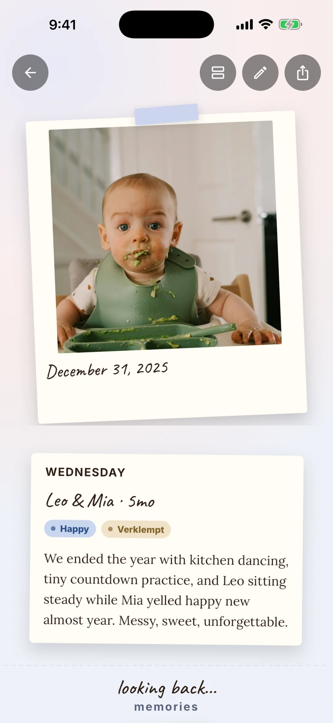 DadTrack scrapbook mode showing an entry as a full-screen polaroid spread