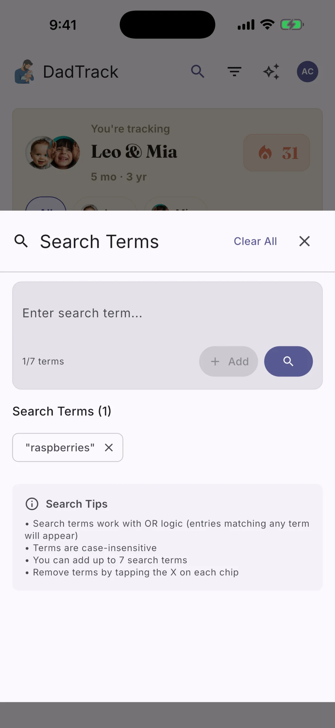 DadTrack advanced search filtering memories by text, mood, child, and person
