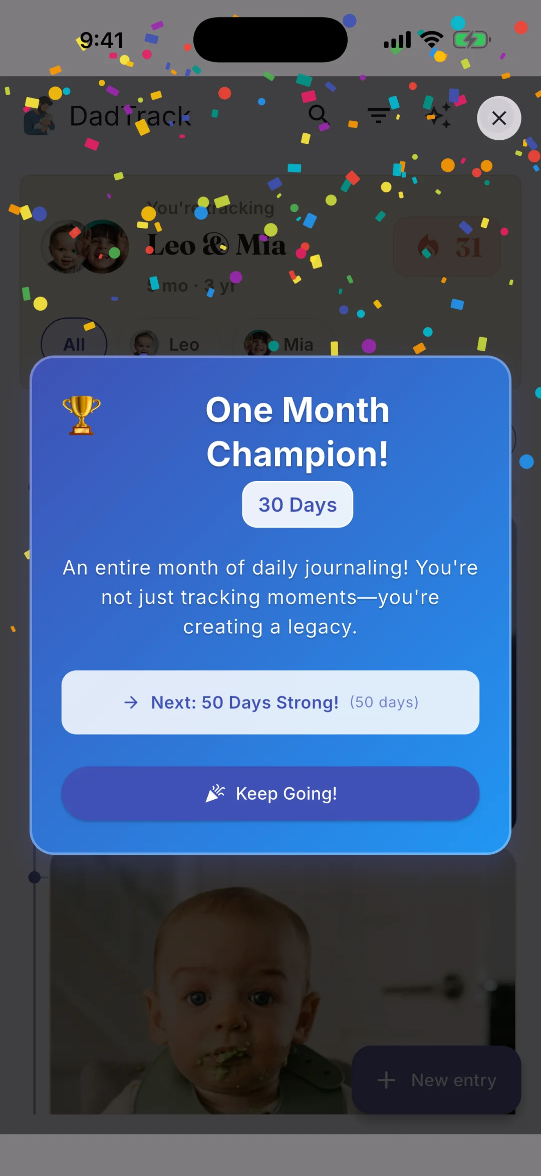 DadTrack streak screen celebrating a memory-keeping milestone