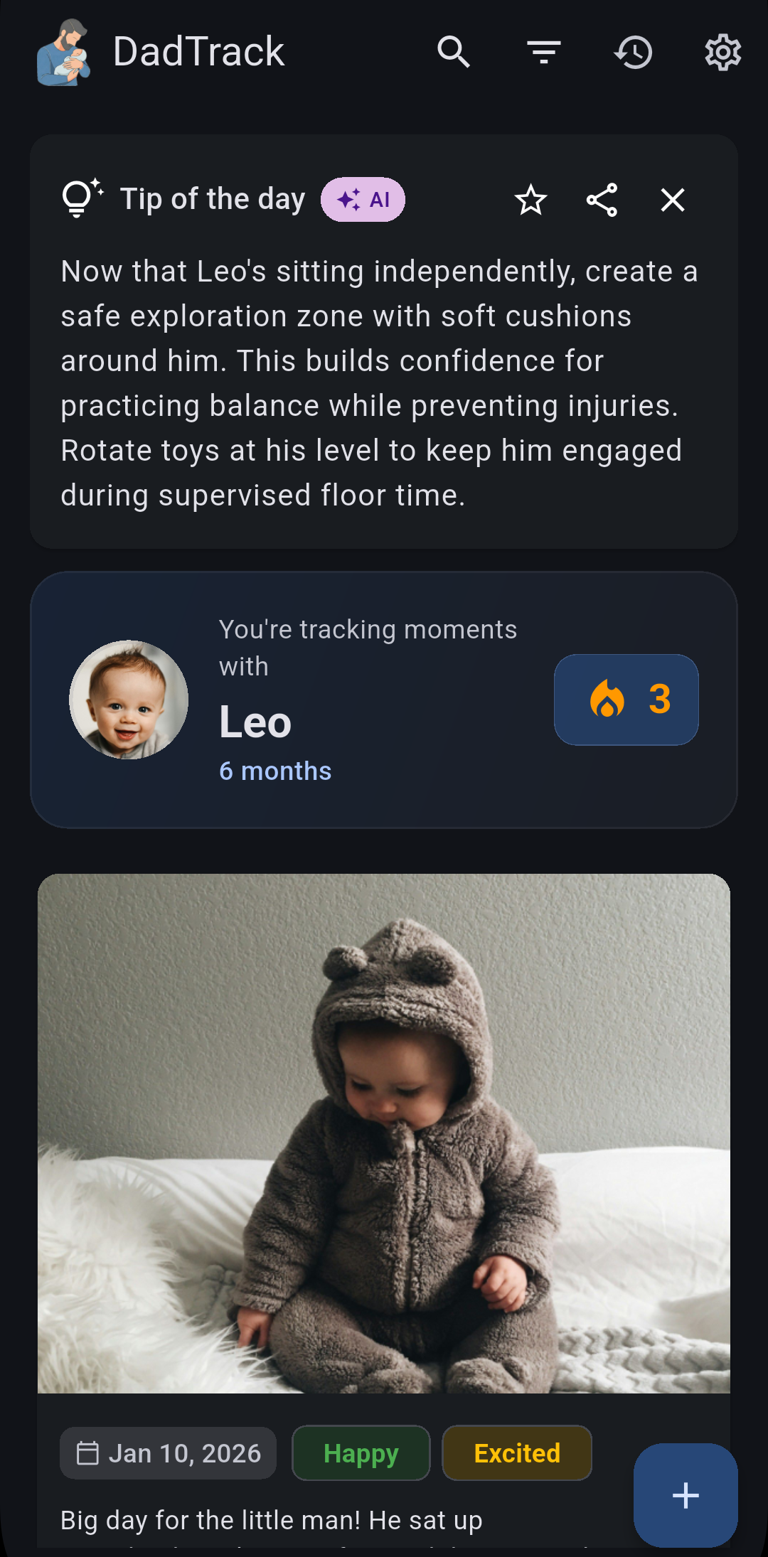 DadTrack Home Timeline with AI Tip