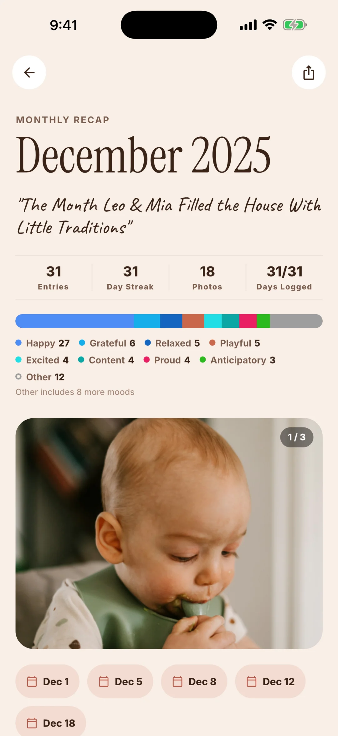 MomTrack monthly recap with live stats, mood of the month, and a tappable calendar