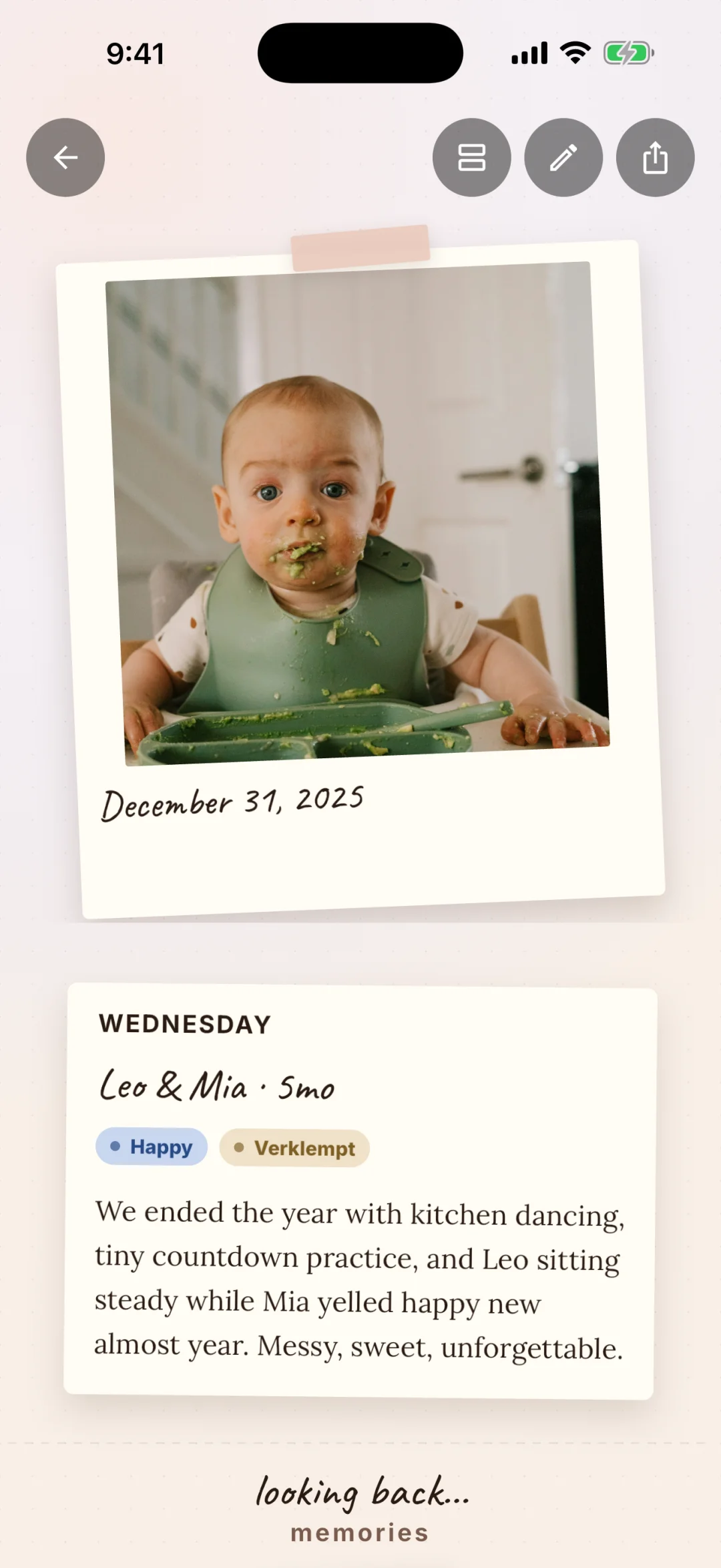 MomTrack scrapbook mode showing an entry as a full-screen polaroid spread