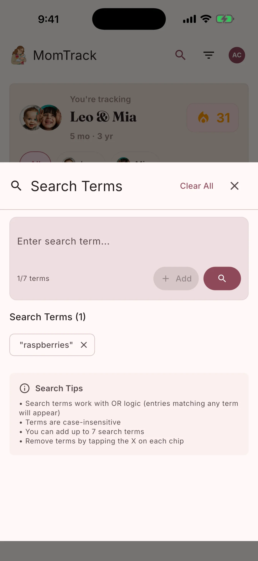 MomTrack advanced search filtering memories by text, mood, child, and person